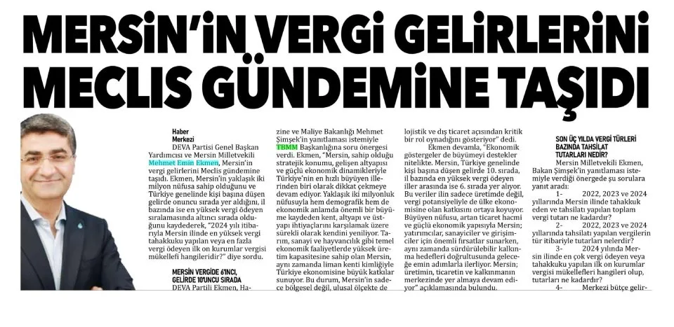MERSİN'İN VERGİ GELİRLERİNİ MECLİS GÜNDEMİNDE — gazete kupürü