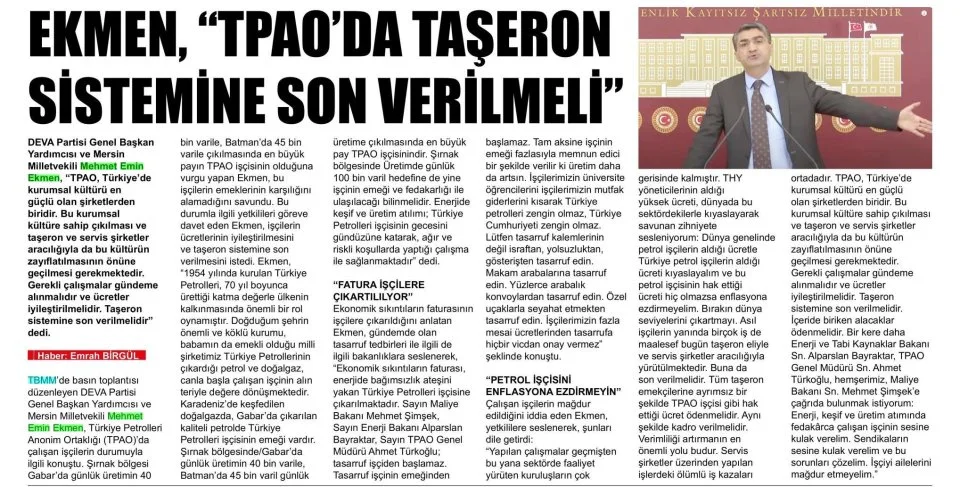 EKMEN, "TPAO'DA TAŞERON SİSTEMİNE SON VERİLMELİ" — gazete kupürü