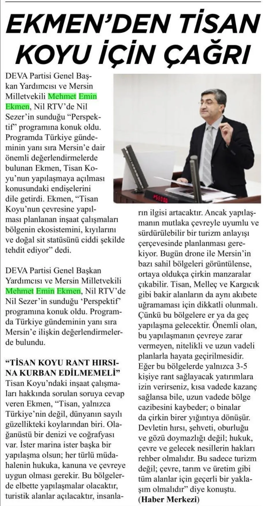 "TİSAN KOYU YAPILAŞMAYA AÇILAMAZ" — gazete kupürü
