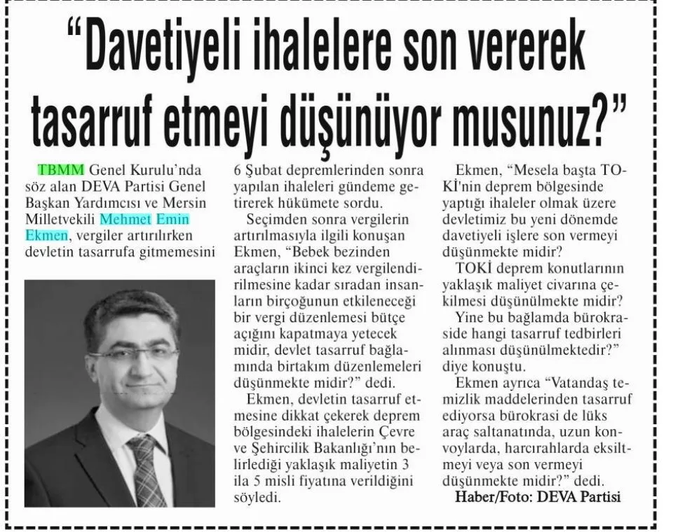 DAVETİYELİ İHALELERE SON VEREREK TASARRUF ETMEYİ DÜŞÜNÜYOR MUSUNUZ — gazete kupürü
