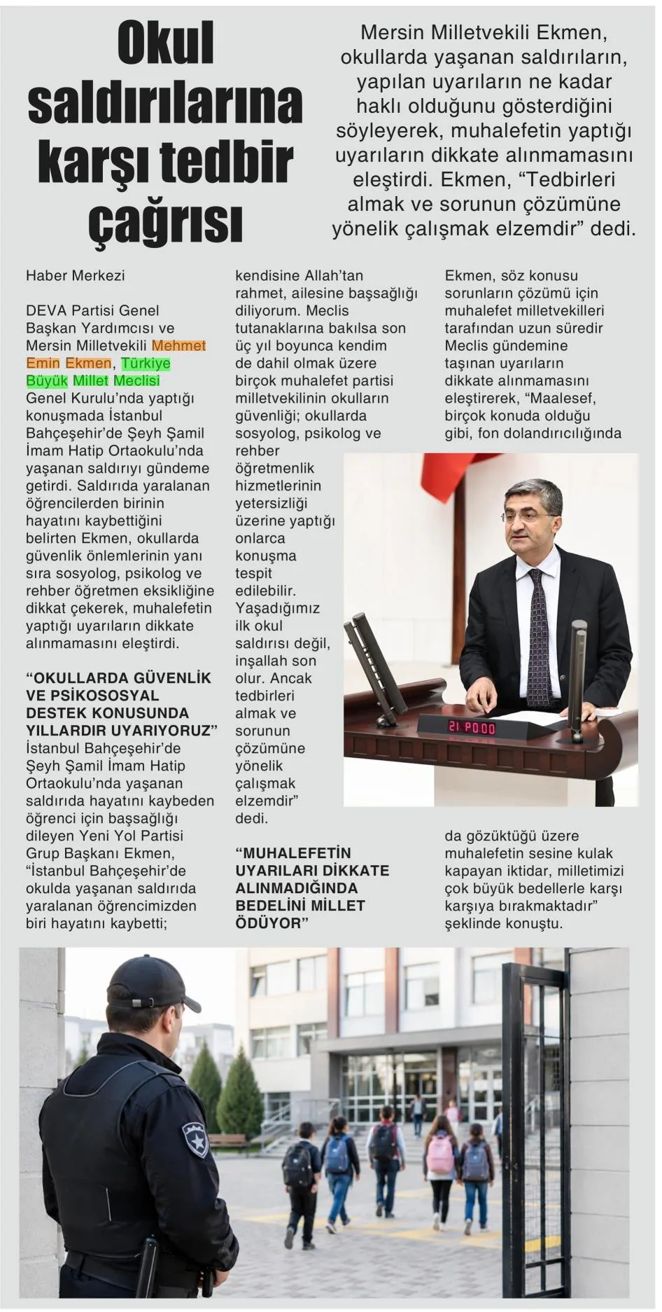 OKUL SALDIRILARINA KARŞI TEDBİR ÇAĞRISI — gazete kupürü