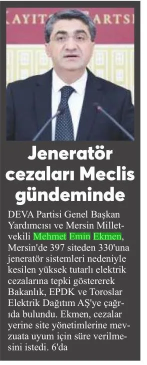 JENERATÖR CEZALARI MECLİS GÜNDEMİNDE — gazete kupürü