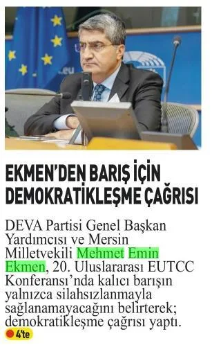 EKMEN'DEN BARIŞ İÇİN DEMOKRATİKLEŞME ÇAĞRISI — gazete kupürü