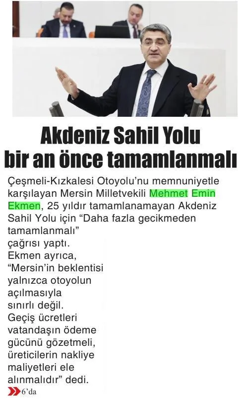 AKDENİZ SAHİL YOLU BİR AN ÖNCE TAMAMLANMALI — gazete kupürü