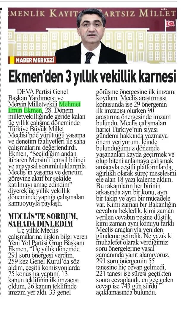 EKMEN'DEN 3 YILLIK VEKİLLİK KARNESİ — gazete kupürü