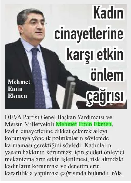 KADIN CİNAYETLERİNE KARŞI ETKİN ÖNLEM ÇAĞRISI — gazete kupürü