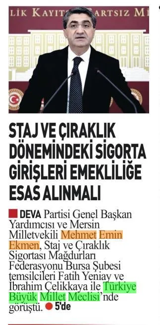 STAJ VE ÇIRAKLIK DÖNEMİNDEKİ SİGORTA GİRİŞLERİ EMEKLİLİĞE ESAS ALINMALI — gazete kupürü