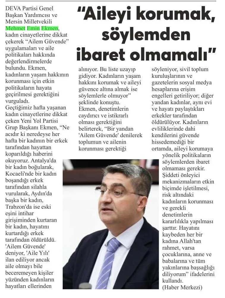KADIN CİNAYETLERİNE KARŞI ETKİN ÖNLEM ÇAĞRISI — gazete kupürü (2. parça)