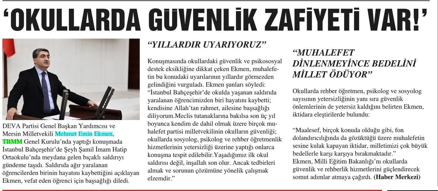 ''OKULLARDA GÜVENLİK ZAFİYETİ VAR!'' — gazete kupürü