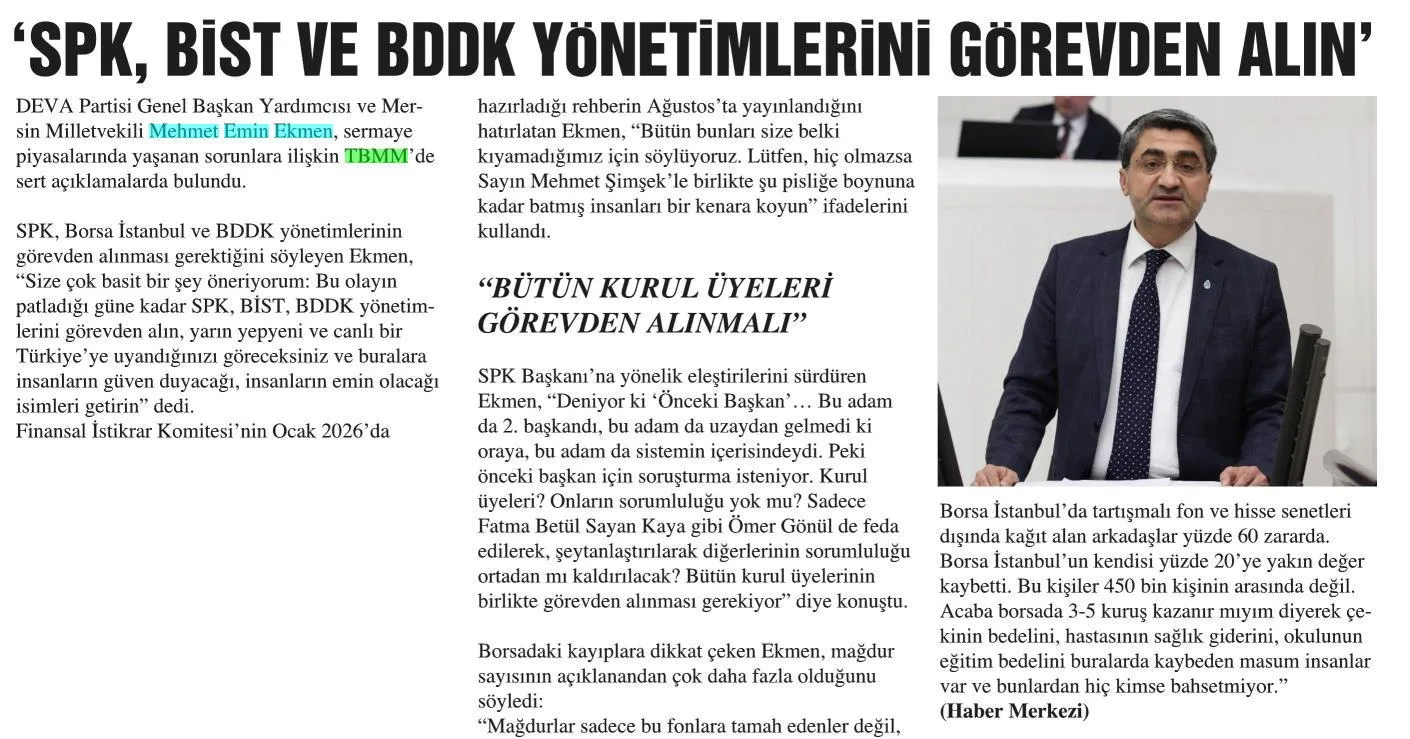 'SPK, BİST VE BDDK YÖNETİMLERİNİ GÖREVDEN ALIN' — gazete kupürü