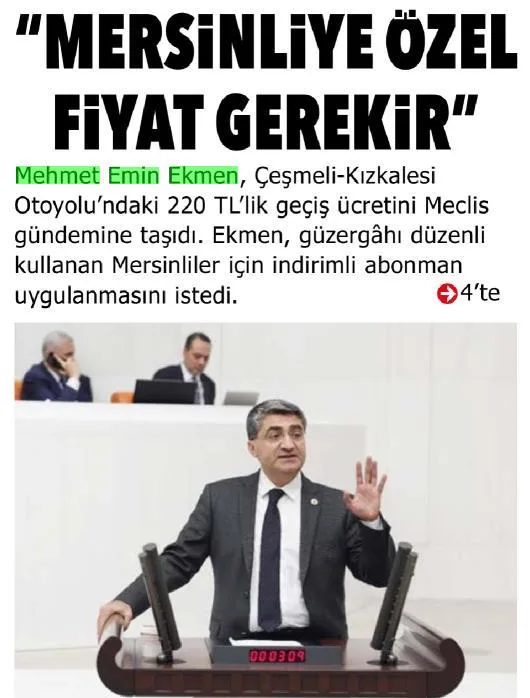 'MERSİNLİYE ÖZEL FİYAT GEREKİR' — gazete kupürü