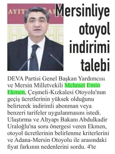 MERSİNLİYE OTOYOL İNDİRİMİ TALEBİ — gazete kupürü