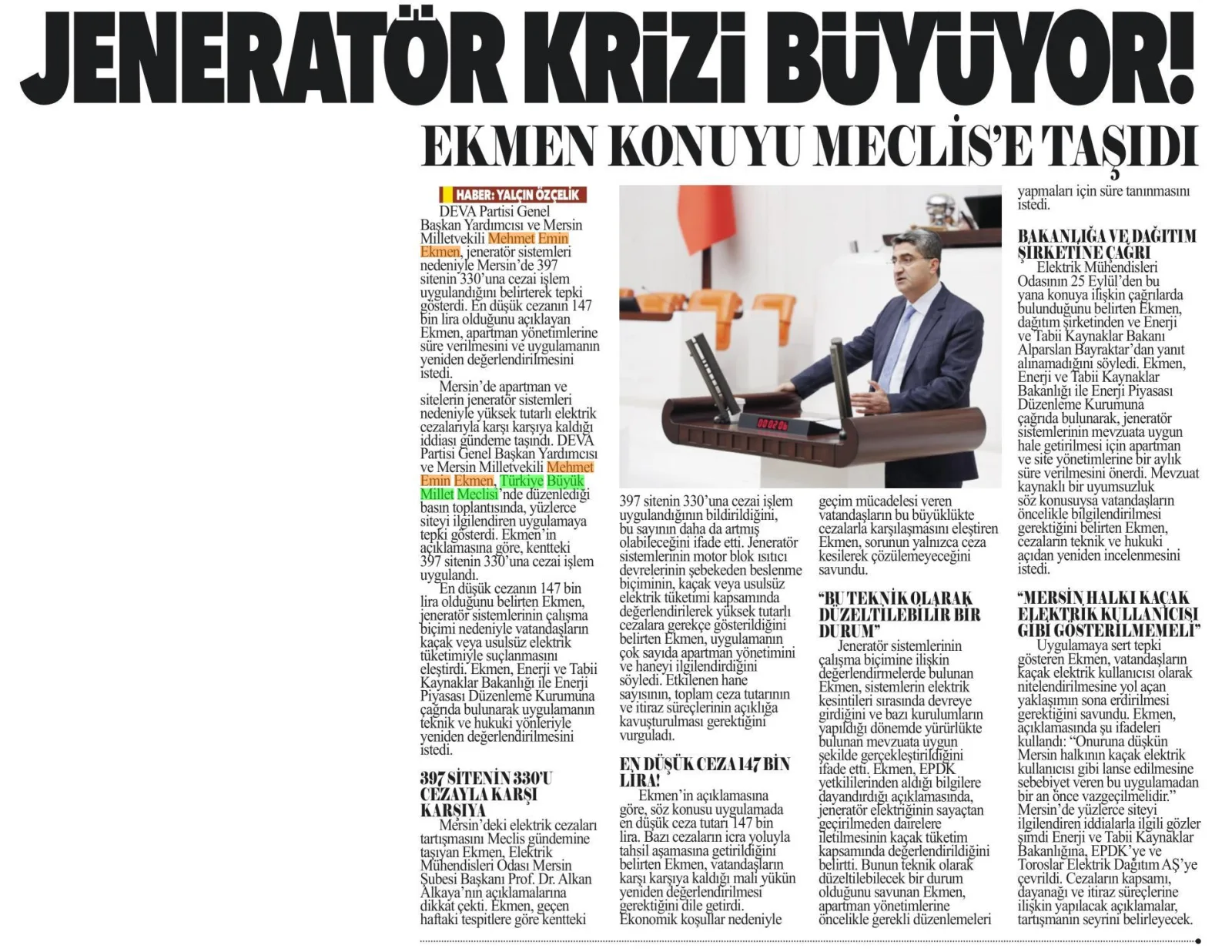 JENERATÖR KRİZİ BÜYÜYOR! EKMEN KONUYU MECLİS'E TAŞIDI — gazete kupürü (2. parça)