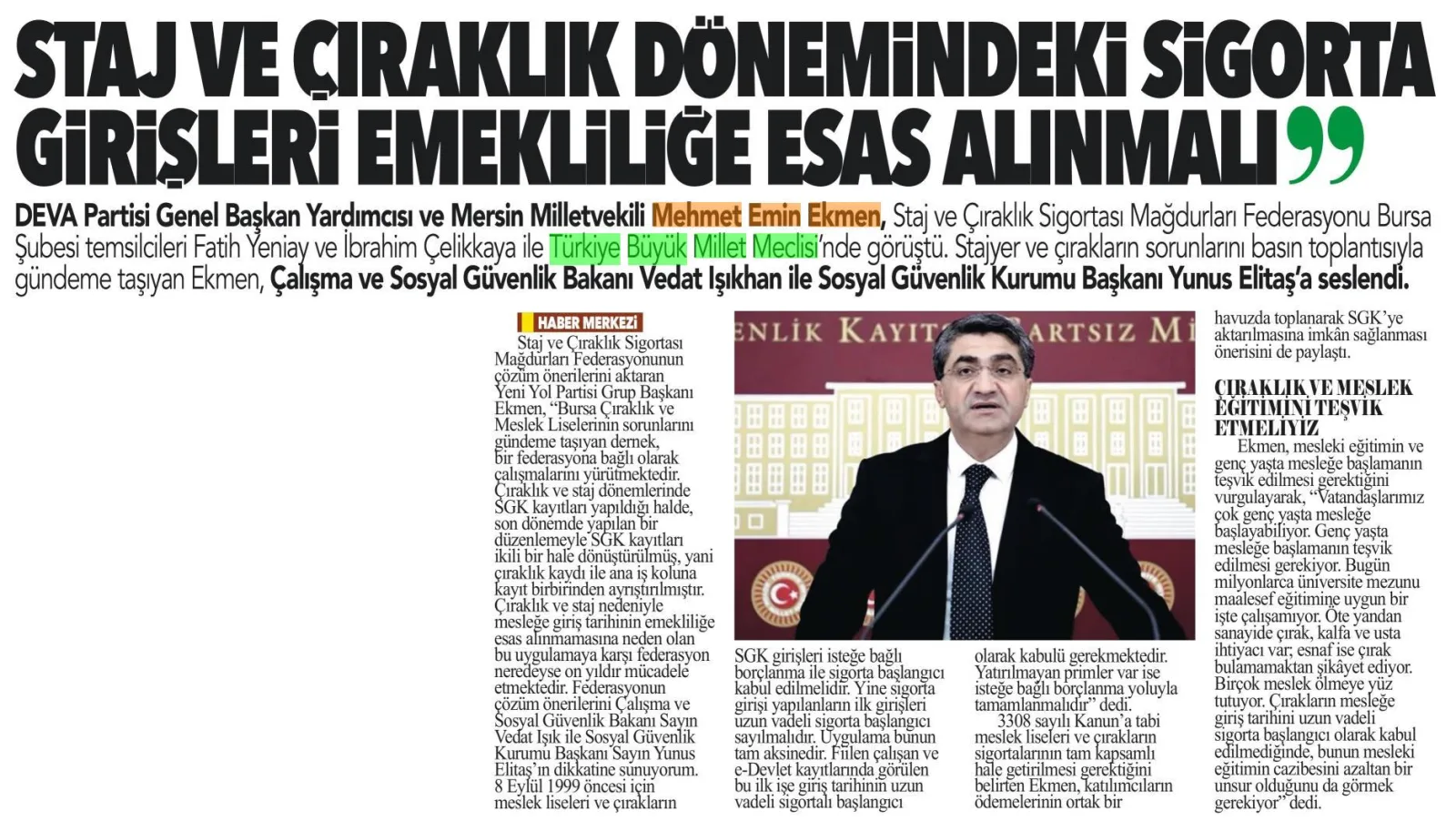 STAJ VE ÇIRAKLIK DÖNEMİNDEKİ SİGORTA GİRİŞLERİ EMEKLİLİĞE ESAS ALINMALI — gazete kupürü (2. parça)
