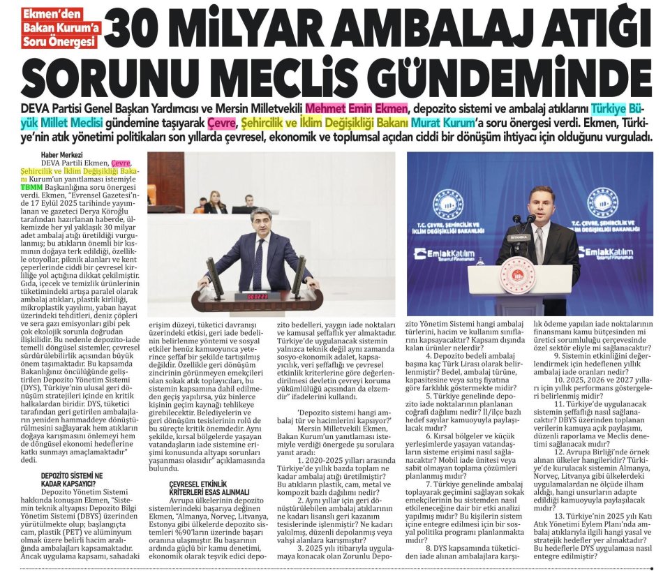 30 MİLYAR AMBALAJ ATIĞI SORUNU MECLİS GÜNDEMİNDE