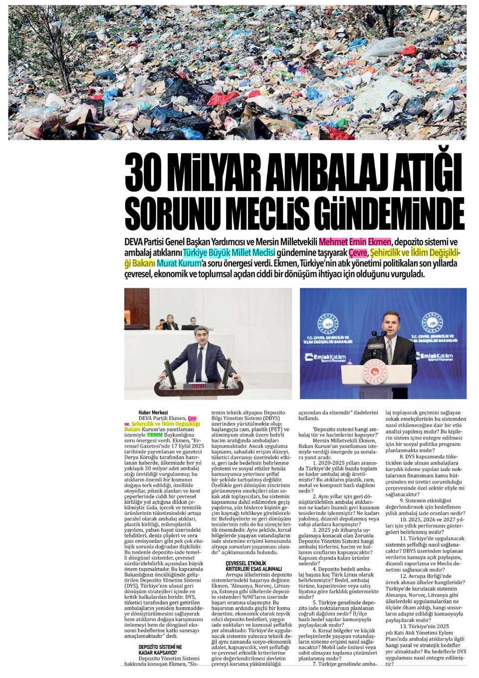 30 MİLYAR AMBALAJ ATIĞI SORUNU MECLİS GÜNDEMİNDE