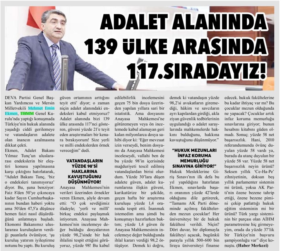 ADALET ALANINDA 139 ÜLKE ARASINDA 117.SIRADAYIZ