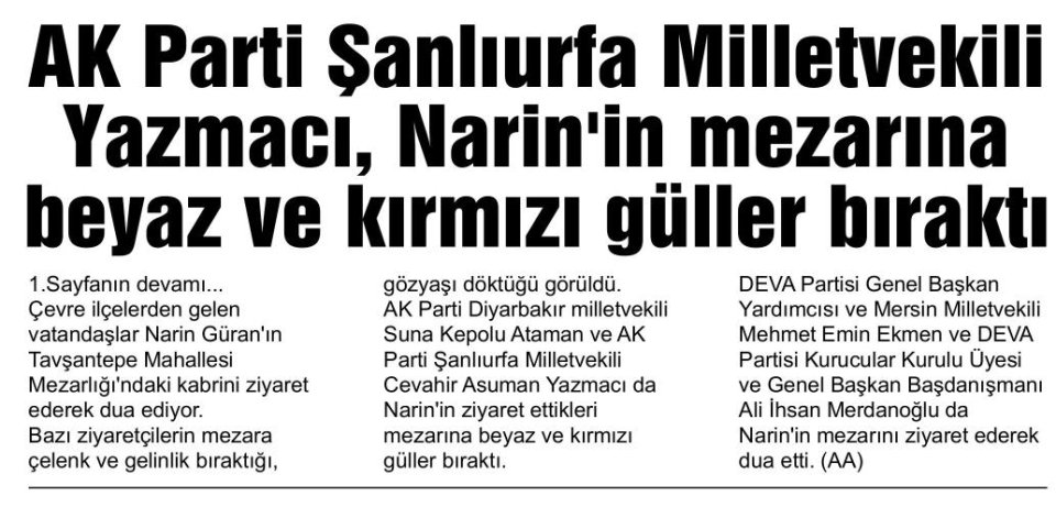 AK PARTİ ŞANLIURFA MİLLETVEKİLİ YAZMACI, NARİNİN MEZARINA BEYAZ VE KIRMIZI GÜLLER BIRAKTI