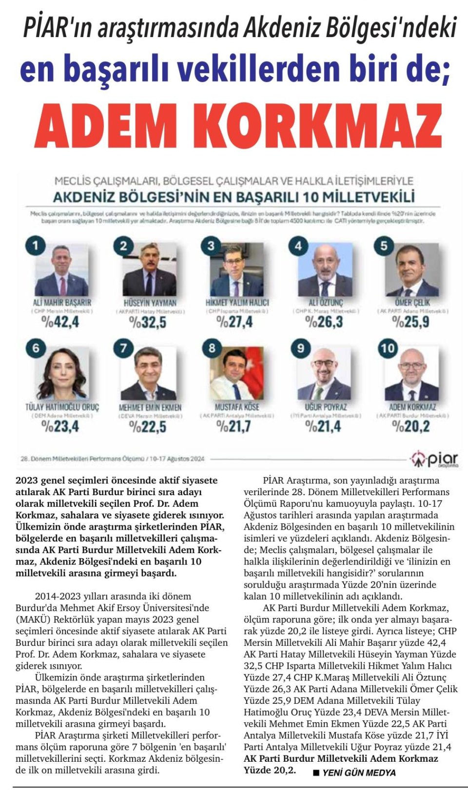 AKDENİZ BÖLGESİ'NDEKİ EN BAŞARILI VEKİLLERDEN BİRİ DE ADEM KORKMAZ