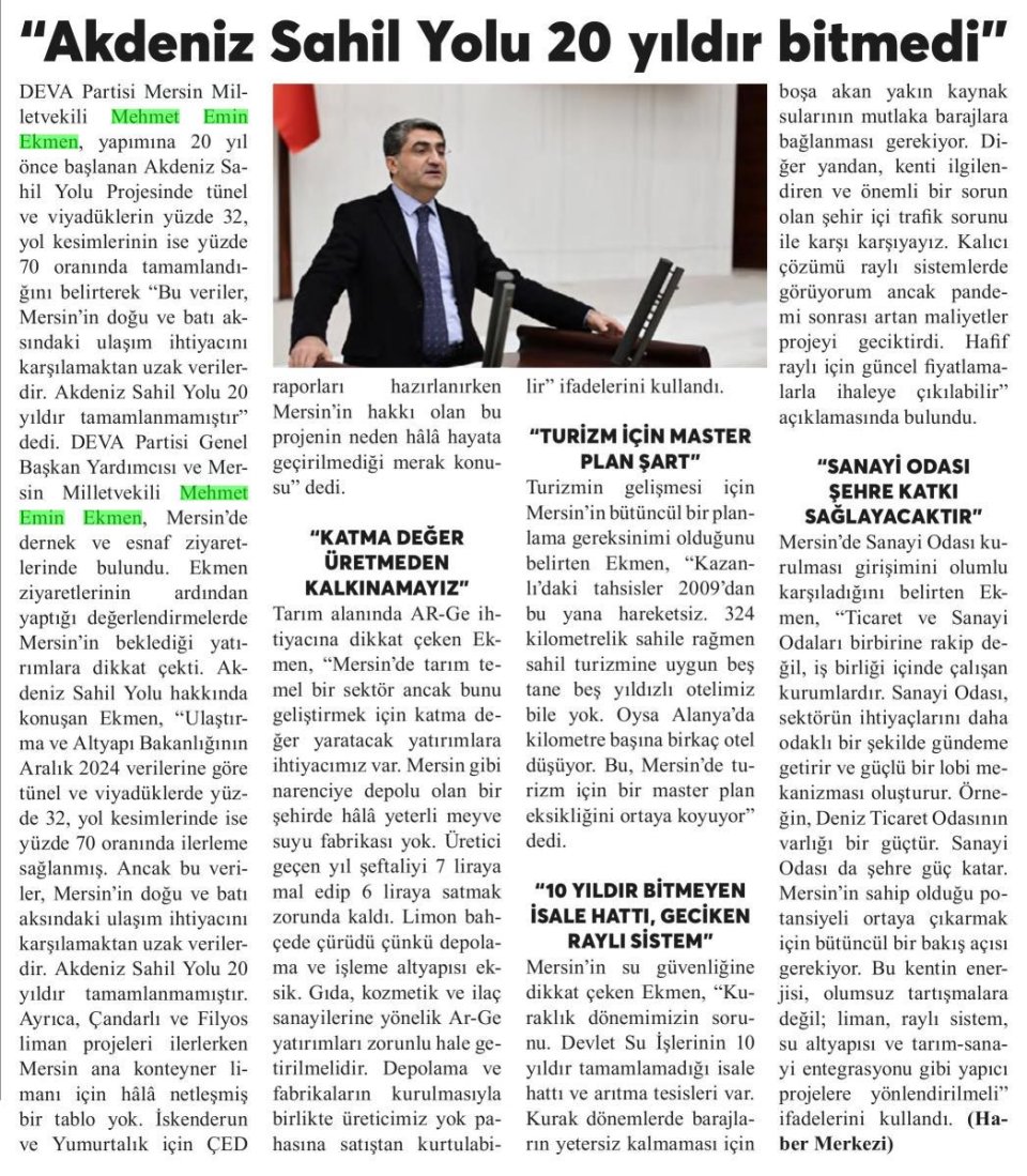 'AKDENİZ SAHİL YOLU 20 YILDIR BİTMEDİ