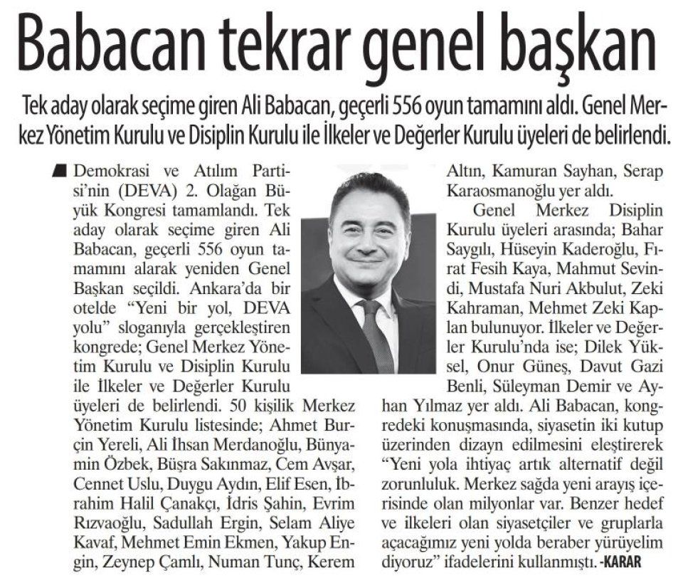 ALİ BABACAN YENİDEN GENEL BAŞKAN SEÇİLDİ