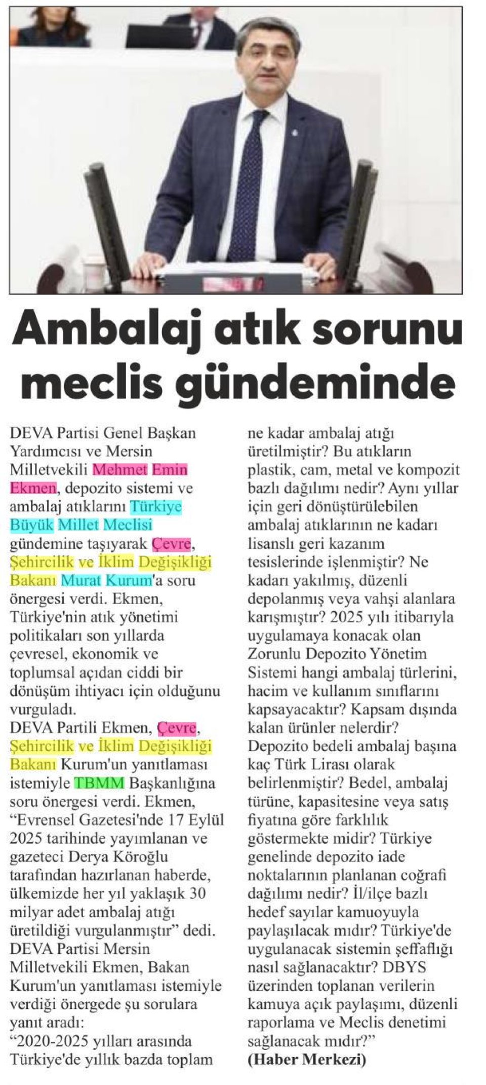 AMBALAJ ATIK SORUNU MECLİS GÜNDEMİNDE