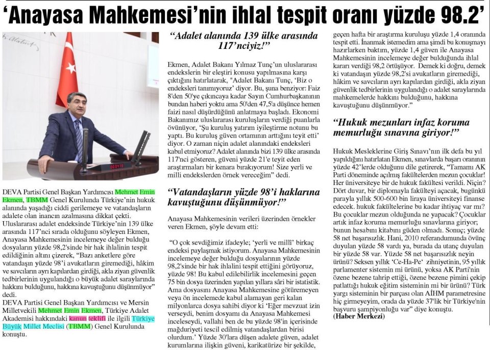 'ANAYASA MAHKEMESİNİN İHLAL TESPİT ORANI YÜZDE 98.2