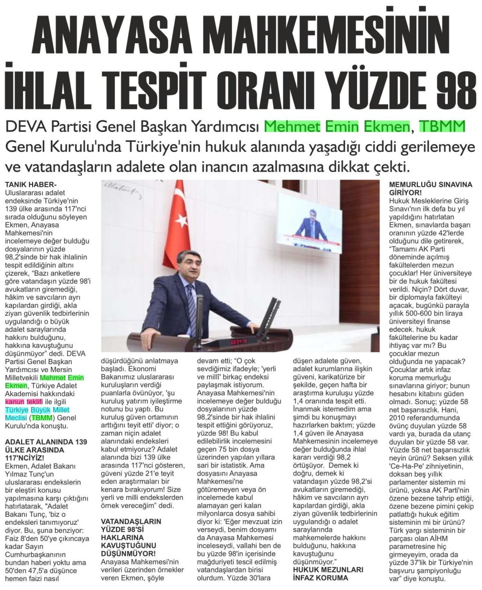  ANAYASA MAHKEMESİNİN İHLAL TESPİT ORANI YÜZDE 98