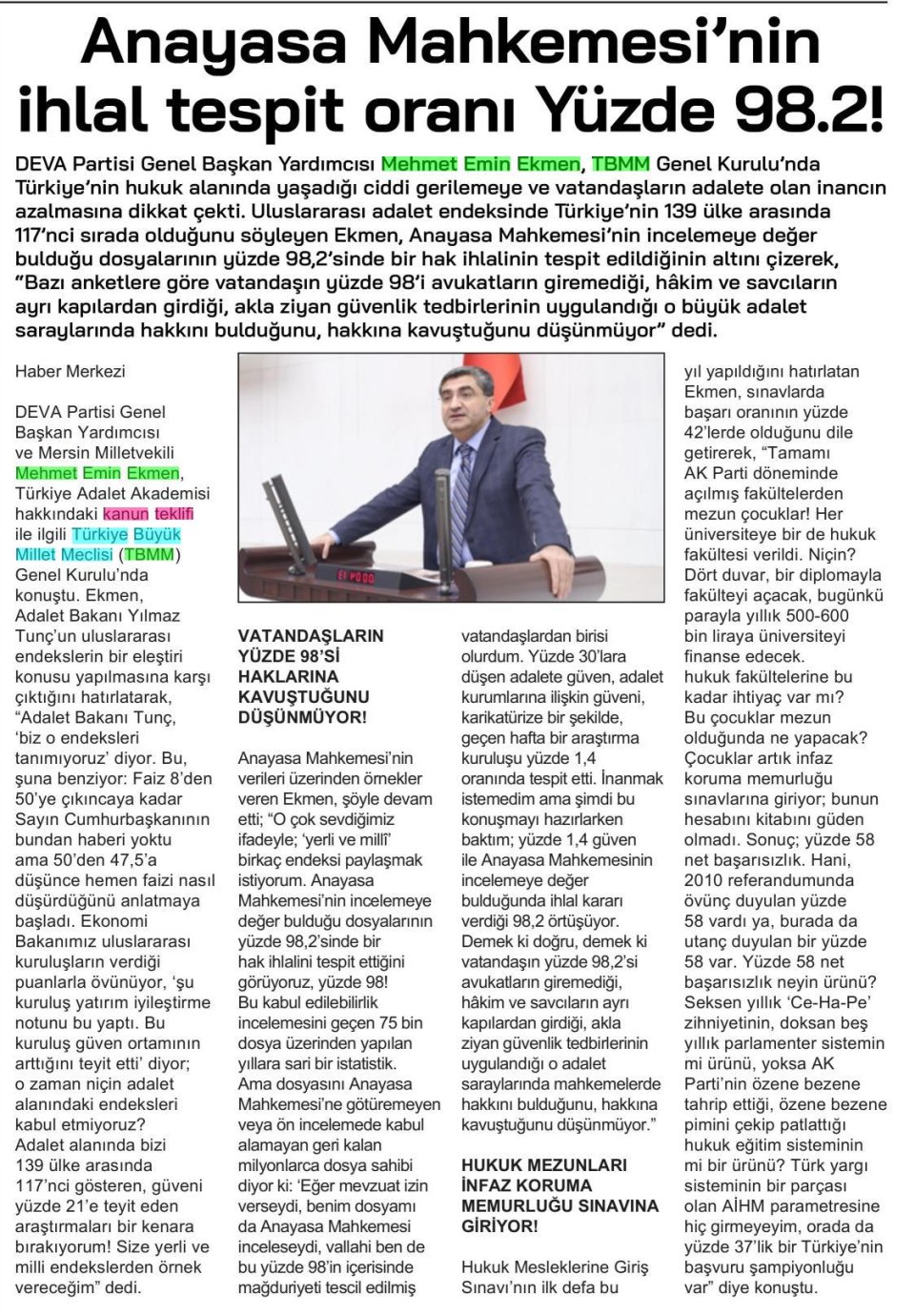 ANAYASA MAHKEMESİNİN İHLAL TESPİT ORANI YÜZDE 98