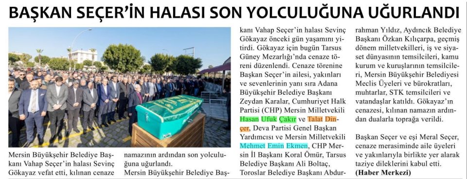 BAŞKAN SEÇER'İN HALASI SON YOLCULUĞUNA UĞURLANDI