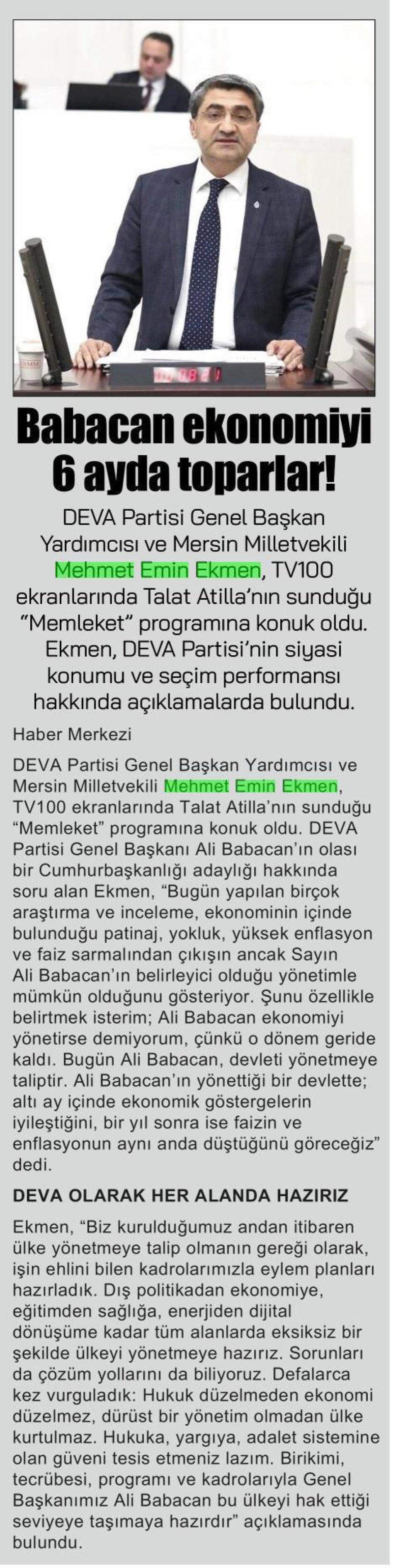 BABACAN EKONOMİYİ 6 AYDA TOPARLAR!