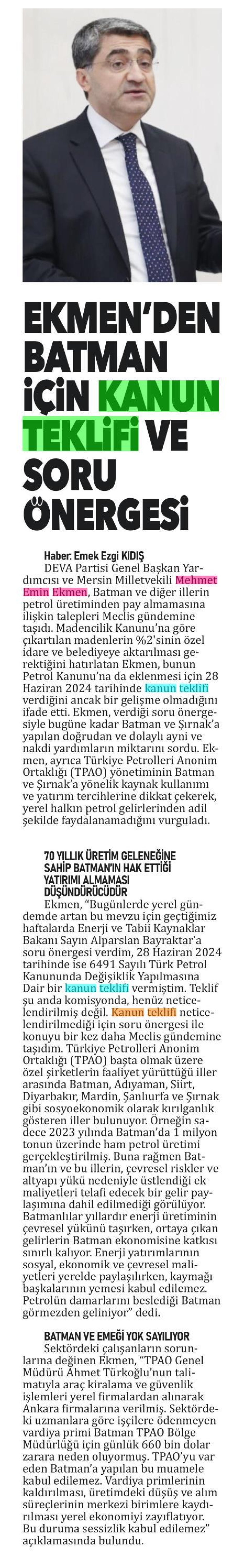 BATMAN İÇİN KANUN TEKLİFİ VE SORU ÖNERGESİ