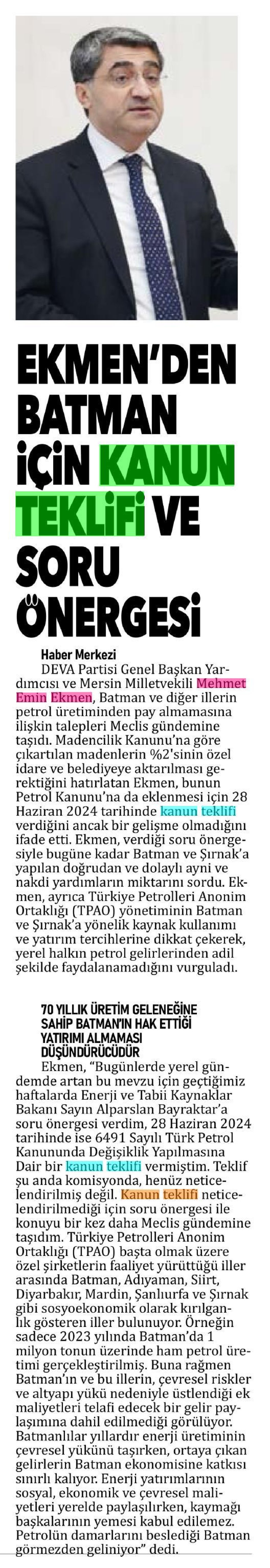 BATMAN İÇİN KANUN TEKLİFİ VE SORU ÖNERGESİ