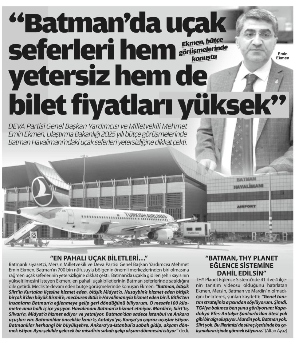 BATMAN'DA UÇAK SEFERLERİ HEM YETERSİZ HEM DE BİLET FİYATLARI YÜKSEK