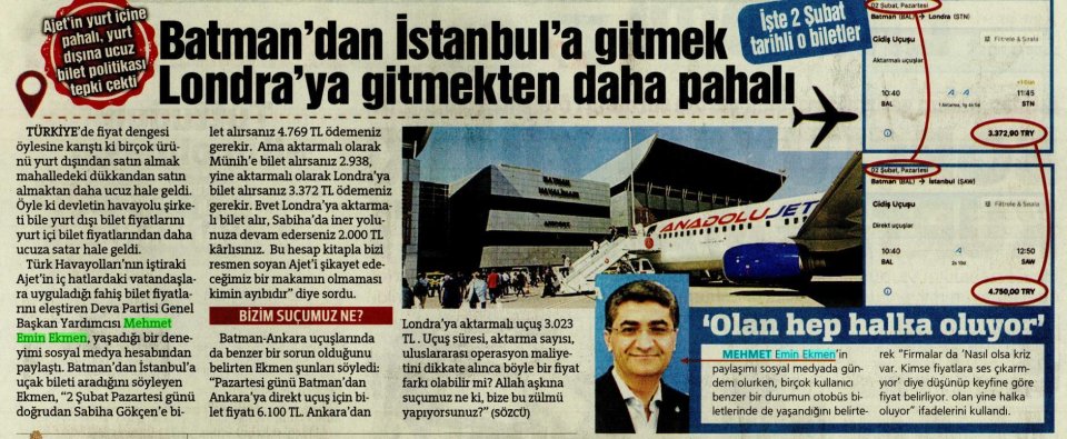 BATMAN'DAN İSTANBUL'A GİTMEK LONDRA YA GİTMEKTEN DAHA PAHALI