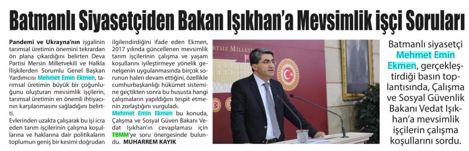 BATMANLI SİYASETÇİDEN BAKAN ISIKHAN'A MEVSİMLİK İŞÇİ SORULARI