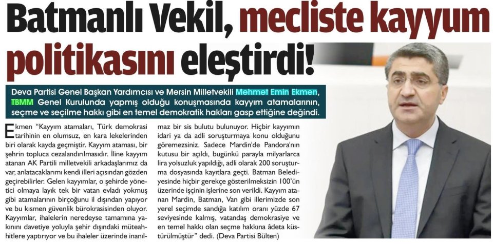BATMANLI VEKİL, MECLİSTE KAYYUM POLİTİKASINI ELEŞTİRDİ!