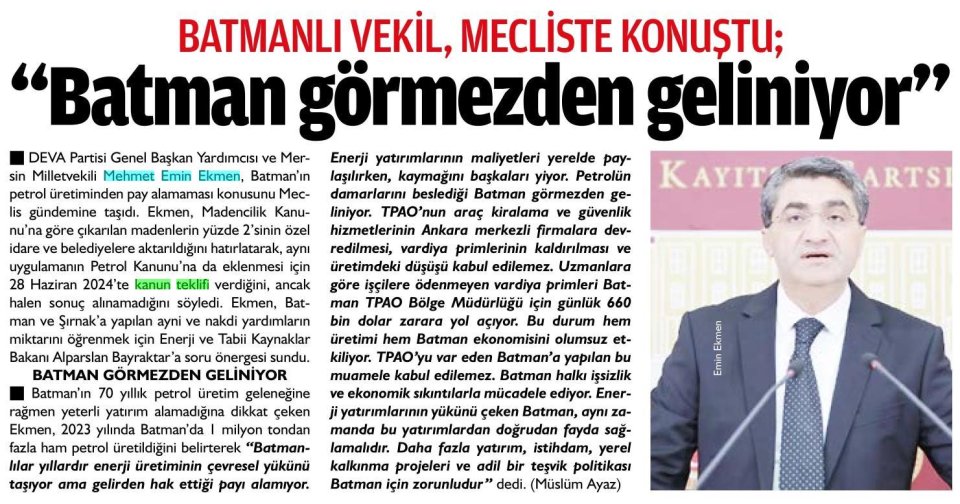 BATMANLI VEKİL , MECLİSTE KONUŞTU