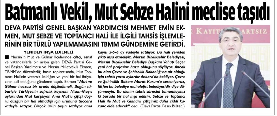BATMANLI VEKİL, MUT SEBZE HALİNİ MECLİSE TAŞIDI