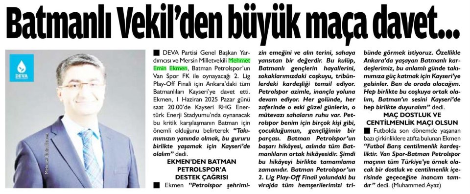 BATMANLI VEKİL'DEN BÜYÜK MAÇA DAVET