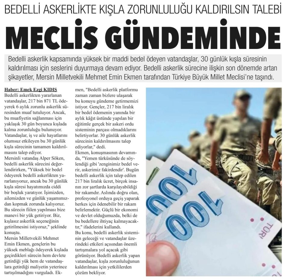 BEDELLİ ASKERLİKTE KIŞLA ZORUNLULUĞU KALDIRILSIN TALEBİ MECLİS GÜNDEMİNDE