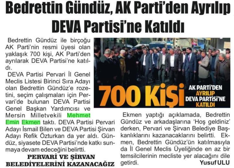 BEDRETTİN GÜNDÜZ, AK PARTİ'DEN AYRILIP DEVA PARTİSİNE KATILDI