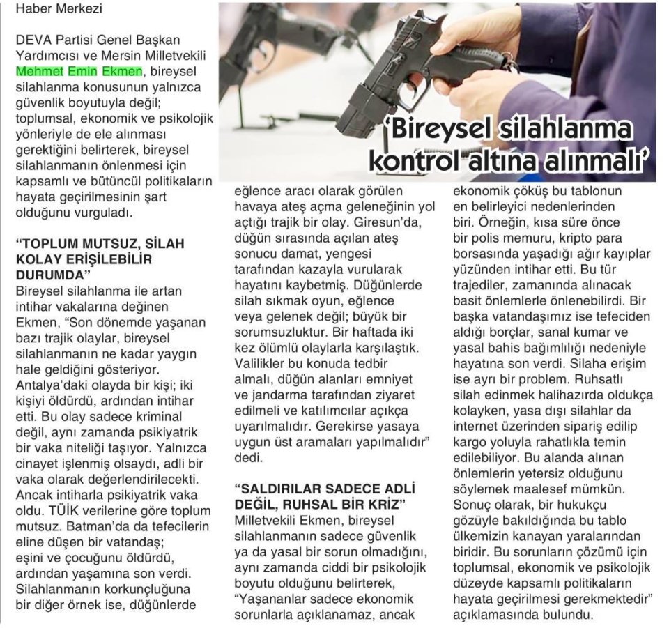 'BİREYSEL SİLAHLANMA KONTROL ALTINA ALINMALI'