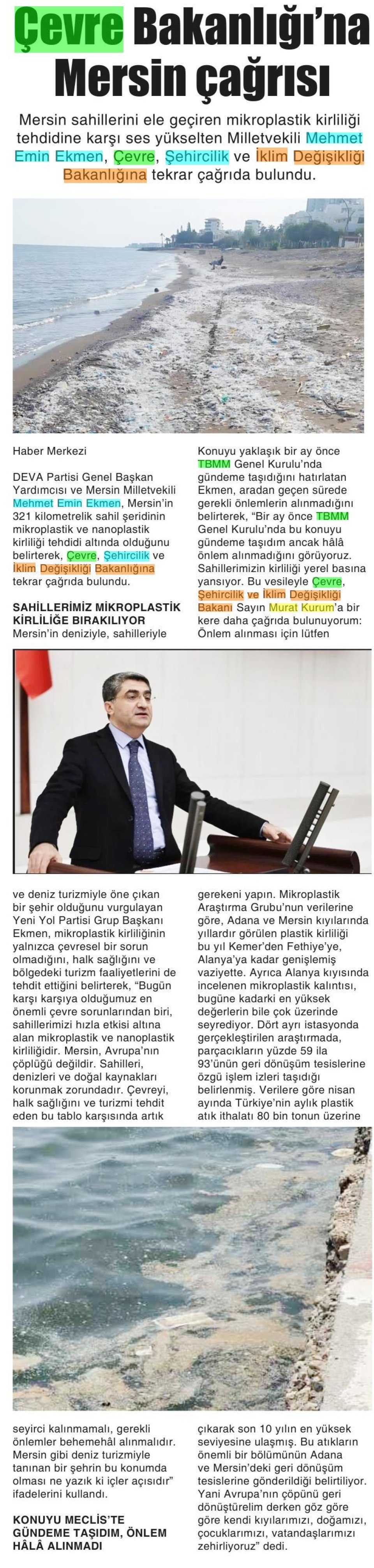  ÇEVRE BAKANLIĞI'NA MERSİN ÇAĞRISI