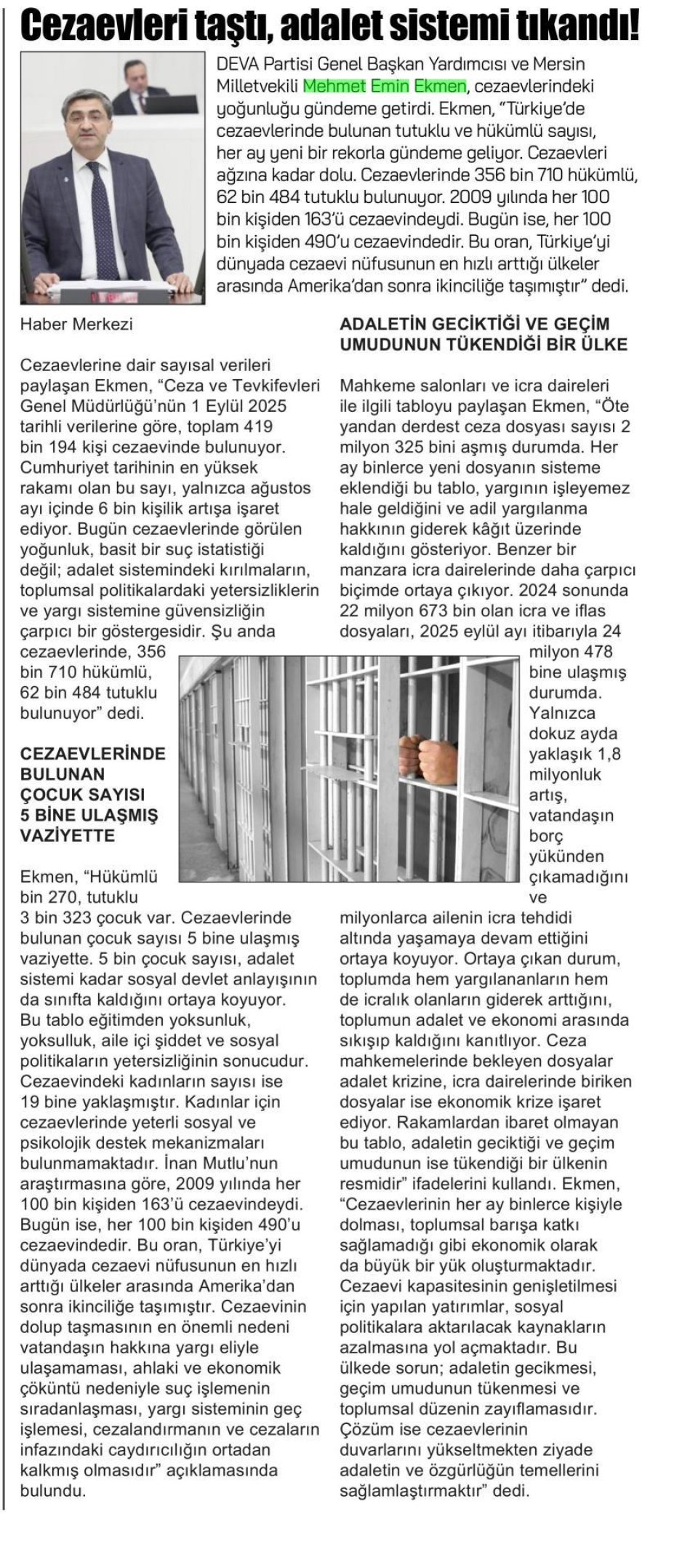 CEZAEVİ NÜFUSUNDA TÜRKİYE, DÜNYA İKİNCİSİ!