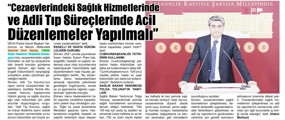 CEZAEVLERİNDEKİ SAĞLIK HİZMETLERİNDE ACİL DÜZENLEMELER YAPILMALI
