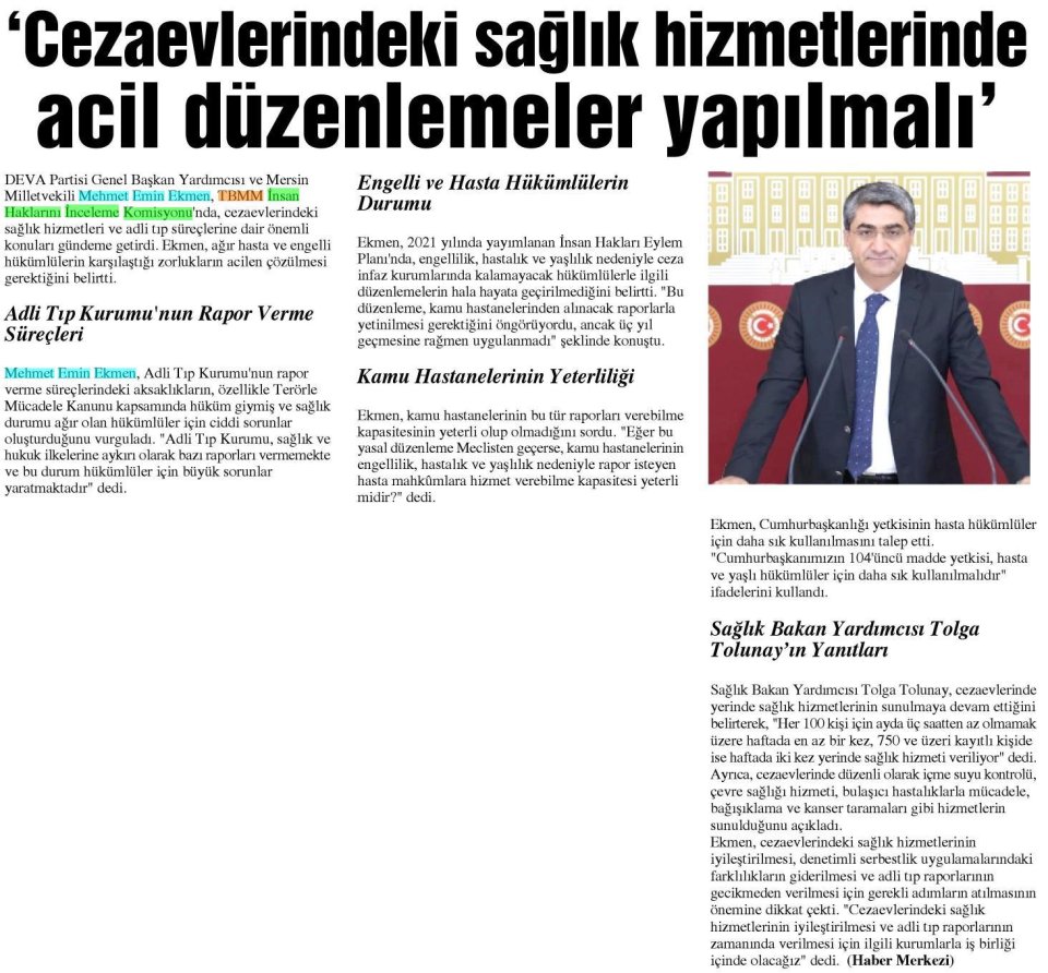 'CEZAEVLERİNDEKİ SAĞLIK HİZMETLERİNDE ACİL DÜZENLEMELER YAPILMALI'