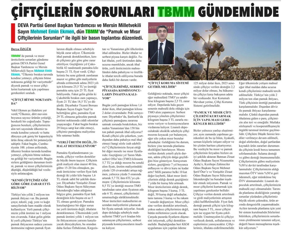 ÇİFTÇİLERİN SORUNLARI TBMM GÜNDEMİNDE