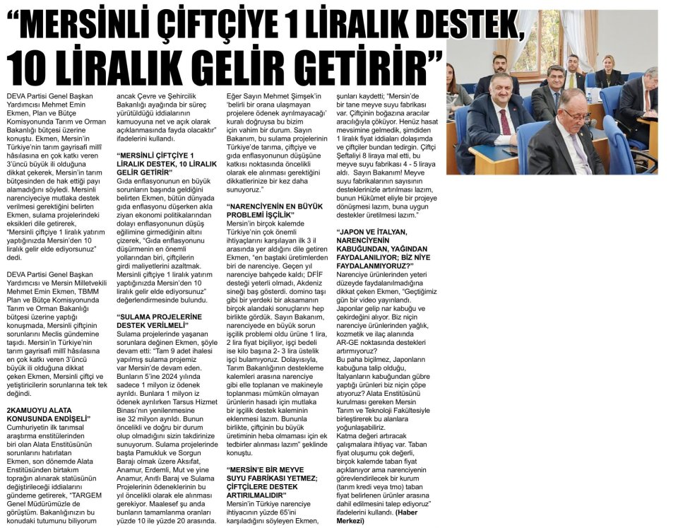 ÇİFTÇİYE 1 LİRALIK DESTEK 10 LİRALIK GELİR GETİRİR