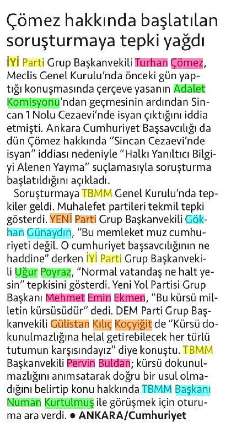 ÇÖMEZ HAKKINDA BAŞLATILAN SORUŞTURMAYA TEPKİ YAĞDI